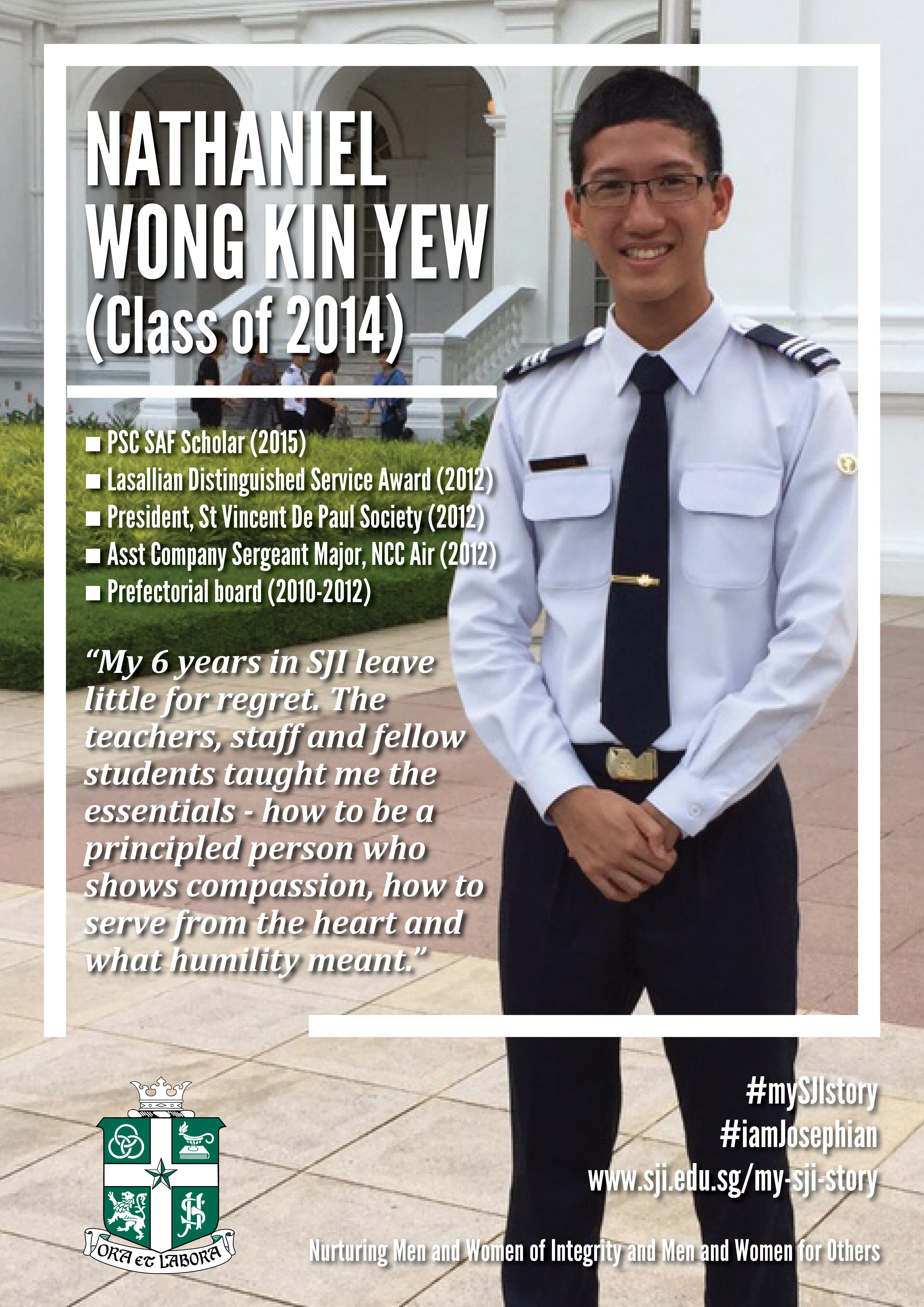 Young man in white military uniform with dark tie smiling, beside text about Nathaniel Wong Kin Yew, Class of 2014.